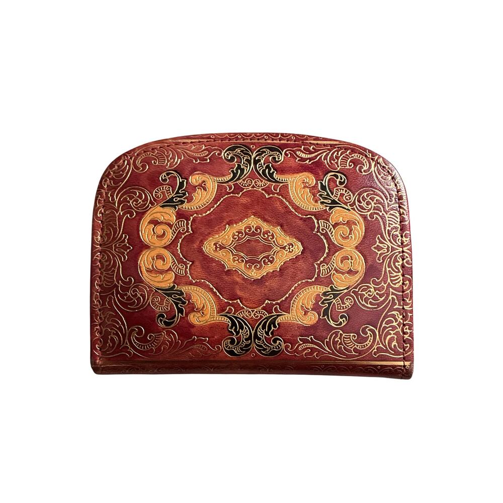 Vintage Italian Tooled Leather Coin Purse Gold Gilt Floral Card Case